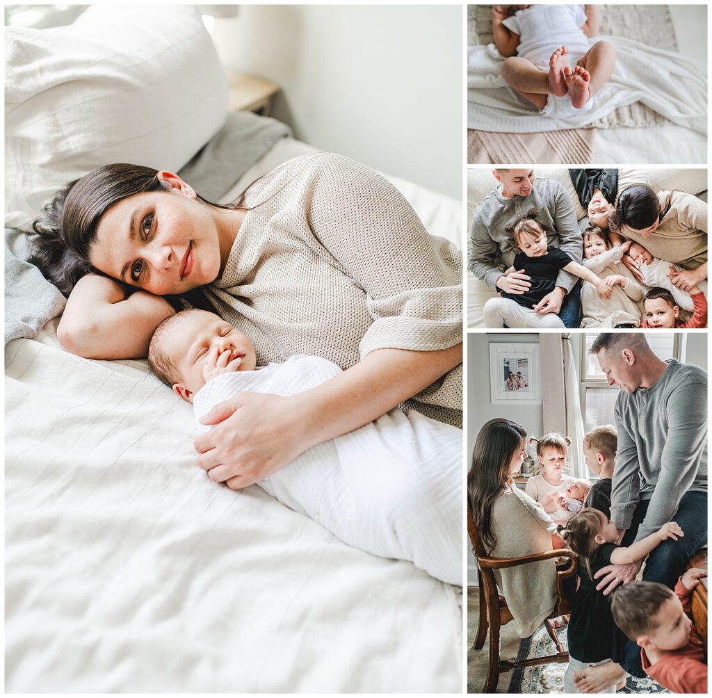 Family of 6 has lifestyle newborn photos in the comfort of their own home